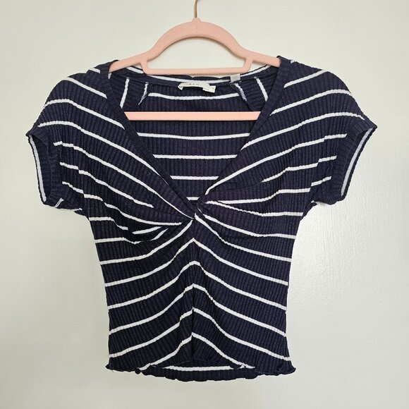 ALC Sabina Striped Stretchy Plunge Neckline Crop Top w Cap Sleeves, S, Blue &Wht - Picture 1 of 9